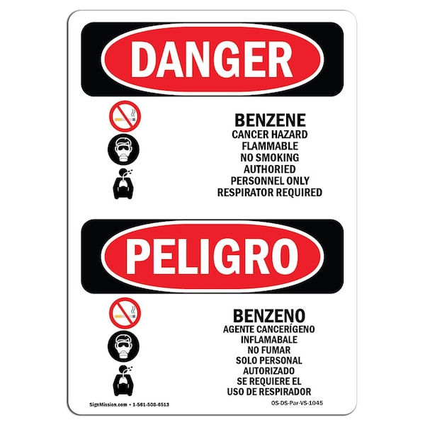 Safety Sign, OSHA Danger, 5" Height, Benzene Bilingual Spanish, 10PK